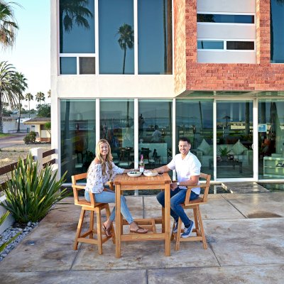 Terrace Wood Cocktail Table (Options: Square, Captain's Bar Stools, Douglas-fir, 42" H Table, Slatted Tabletop, Slightly Rounded Corners, with Swivel Seat, 28" H Seat, No Cushion, Transparent Premium Sealant). 