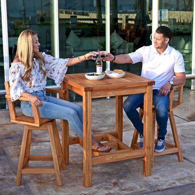 Terrace Wood Cocktail Table (Options: Square, Captain's Bar Stools, Douglas-fir, 42" H Table, Slatted Tabletop, Slightly Rounded Corners, with Swivel Seat, 28" H Seat, No Cushion, Transparent Premium Sealant). 