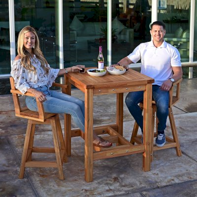 Terrace Wood Cocktail Table (Options: Square, Captain's Bar Stools, Douglas-fir, 42" H Table, Slatted Tabletop, Slightly Rounded Corners, with Swivel Seat, 28" H Seat, No Cushion, Transparent Premium Sealant). 
