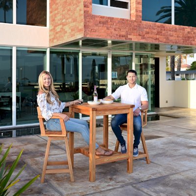 Terrace Wood Cocktail Table (Options: Square, Captain's Bar Stools, Douglas-fir, 42" H Table, Slatted Tabletop, Slightly Rounded Corners, with Swivel Seat, 28" H Seat, No Cushion, Transparent Premium Sealant). 