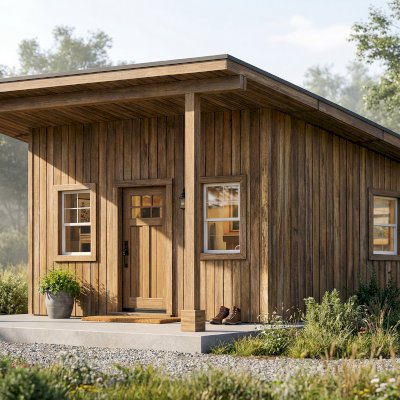 Render of Athens Tiny Home with Standard Options (25' L x 15' W, asphalt shingle roof, interior wall partitions and doors with wood flooring. Interior walls are a mix of wood and drywall. Exterior wall is tongue and groove Redwood with a solid core front door and front porch area under the roof).