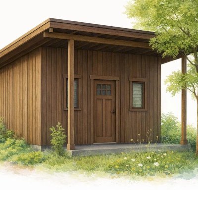 Render of Athens Tiny Home with Standard Options (25' L x 15' W, asphalt shingle roof, interior wall partitions and doors with wood flooring. Interior walls are a mix of wood and drywall. Exterior wall is tongue and groove Redwood with a solid core front door and front porch area under the roof).