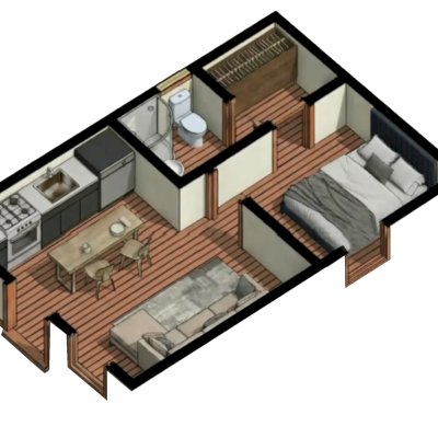 Render of Athens Tiny Home with Standard Options (25' L x 15' W, asphalt shingle roof, interior wall partitions and doors with wood flooring. Interior walls are a mix of wood and drywall. Exterior wall is tongue and groove Redwood with a solid core front door and front porch area under the roof).