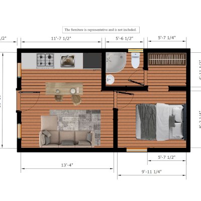 Render of Athens Tiny Home with Standard Options (25' L x 15' W, asphalt shingle roof, interior wall partitions and doors with wood flooring. Interior walls are a mix of wood and drywall. Exterior wall is tongue and groove Redwood with a solid core front door and front porch area under the roof).