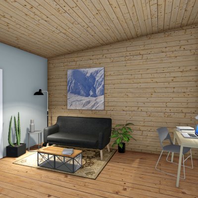 Render of Athens Tiny Home with Standard Options (25' L x 15' W, asphalt shingle roof, interior wall partitions and doors with wood flooring. Interior walls are a mix of wood and drywall. Exterior wall is tongue and groove Redwood with a solid core front door and front porch area under the roof).
