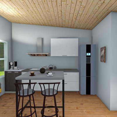 Render of Athens Tiny Home with Standard Options (25' L x 15' W, asphalt shingle roof, interior wall partitions and doors with wood flooring. Interior walls are a mix of wood and drywall. Exterior wall is tongue and groove Redwood with a solid core front door and front porch area under the roof).