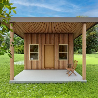 Render of Athens Tiny Home with Standard Options (25' L x 15' W, asphalt shingle roof, interior wall partitions and doors with wood flooring. Interior walls are a mix of wood and drywall. Exterior wall is tongue and groove Redwood with a solid core front door and front porch area under the roof).