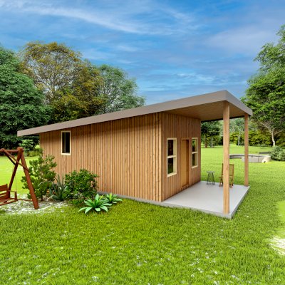 Render of Athens Tiny Home with Standard Options (25' L x 15' W, asphalt shingle roof, interior wall partitions and doors with wood flooring. Interior walls are a mix of wood and drywall. Exterior wall is tongue and groove Redwood with a solid core front door and front porch area under the roof).