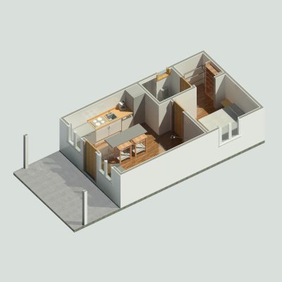 Render of Athens Tiny Home with Standard Options (25' L x 15' W, asphalt shingle roof, interior wall partitions and doors with wood flooring. Interior walls are a mix of wood and drywall. Exterior wall is tongue and groove Redwood with a solid core front door and front porch area under the roof).