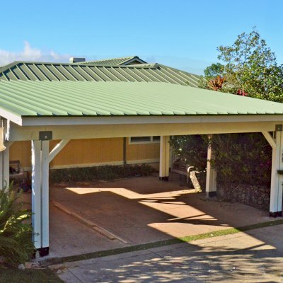 Big Timber Carport Pavilion (Options: 28 ft Large x 22ft Depth, Redwood, No Electrical Wiring Trim, 8ft H Front Post with 9.5 ft H Back Post, Off-White Oil-Based Primer). Unfinished Ceiling Roof by Custom Request.