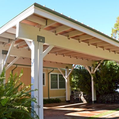 Big Timber Carport Pavilion (Options: 28 ft Large x 22ft Depth, Redwood, No Electrical Wiring Trim, 8ft H Front Post with 9.5 ft H Back Post, Off-White Oil-Based Primer). Unfinished Ceiling Roof by Custom Request.