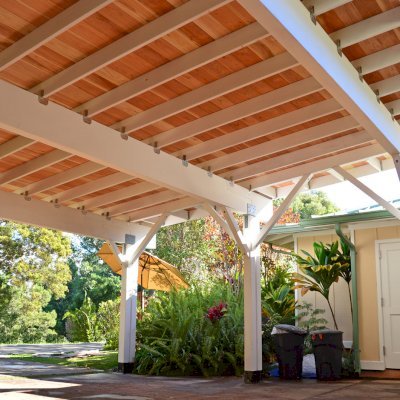 Big Timber Carport Pavilion (Options: 28 ft Large x 22ft Depth, Redwood, No Electrical Wiring Trim, 8ft H Front Post with 9.5 ft H Back Post, Off-White Oil-Based Primer). Unfinished Ceiling Roof by Custom Request.