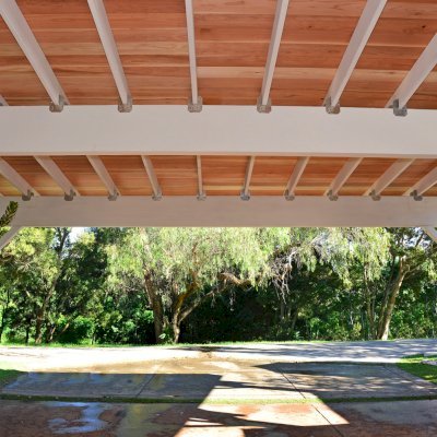 Big Timber Carport Pavilion (Options: 28 ft Large x 22ft Depth, Redwood, No Electrical Wiring Trim, 8ft H Front Post with 9.5 ft H Back Post, Off-White Oil-Based Primer). Unfinished Ceiling Roof by Custom Request.