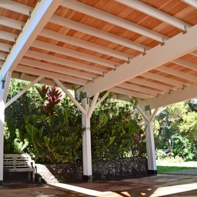 Big Timber Carport Pavilion (Options: 28 ft Large x 22ft Depth, Redwood, No Electrical Wiring Trim, 8ft H Front Post with 9.5 ft H Back Post, Off-White Oil-Based Primer). Unfinished Ceiling Roof by Custom Request.