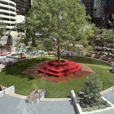 Boomerang Benches (Options: 6ft L, California Redwood, Custom Engraving, Transparent Premium Sealant). 4 Benches Installed on a Concrete Base (Without Legs) and the Rest with Legs by Custom Request. Photo Courtesy of A. Arena of Charlotte NC.