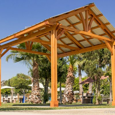 Breezy Pavilion (Options: 14' L x 12' W, Douglas-fir, 4-Post Anchor Kit for High-Wind, No Ceiling Fan Base, Vertical Decorative Trims, Transparent Premium Sealant).