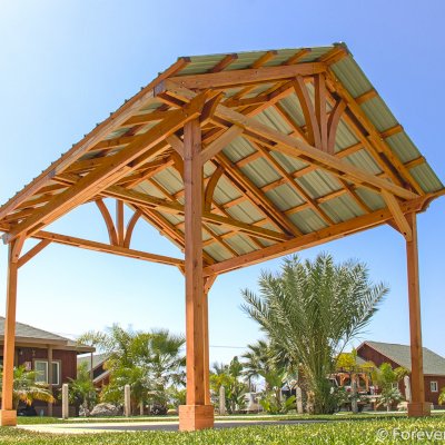 Breezy Pavilion (Options: 14' L x 12' W, Douglas-fir, 4-Post Anchor Kit for High-Wind, No Ceiling Fan Base, Vertical Decorative Trims, Transparent Premium Sealant).