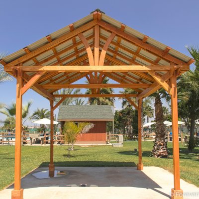 Breezy Pavilion (Options: 14' L x 12' W, Douglas-fir, 4-Post Anchor Kit for High-Wind, No Ceiling Fan Base, Vertical Decorative Trims, Transparent Premium Sealant).