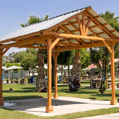 Breezy Pavilion (Options: 14' L x 12' W, Douglas-fir, 4-Post Anchor Kit for High-Wind, No Ceiling Fan Base, Vertical Decorative Trims, Transparent Premium Sealant).