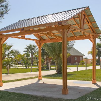 Breezy Pavilion (Options: 14' L x 12' W, Douglas-fir, 4-Post Anchor Kit for High-Wind, No Ceiling Fan Base, Vertical Decorative Trims, Transparent Premium Sealant).