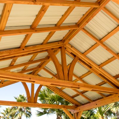 Breezy Pavilion (Options: 14' L x 12' W, Douglas-fir, 4-Post Anchor Kit for High-Wind, No Ceiling Fan Base, Vertical Decorative Trims, Transparent Premium Sealant).
