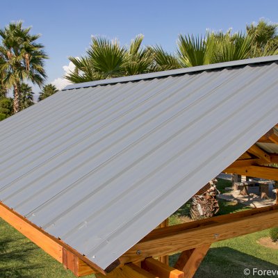 Breezy Pavilion (Options: 14' L x 12' W, Douglas-fir, 4-Post Anchor Kit for High-Wind, No Ceiling Fan Base, Vertical Decorative Trims, Transparent Premium Sealant).