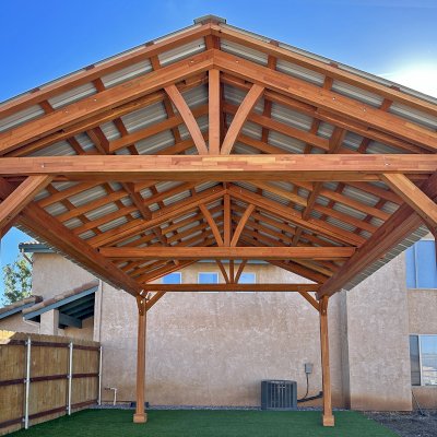 Breezy Pavilion (Options: 20' L x 15' W, Mosaic Douglas-Fir, 4-Post Anchor Kit for Concrete, No Ceiling Fan Base, No Post Decorative Trims, Transparent Premium Sealant). Photo Courtesy of B. Worley of Ramona, CA.