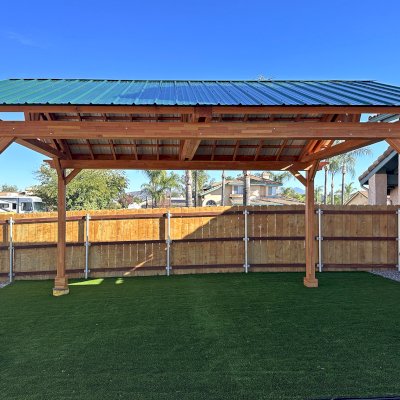 Breezy Pavilion (Options: 20' L x 15' W, Mosaic Douglas-Fir, 4-Post Anchor Kit for Concrete, No Ceiling Fan Base, No Post Decorative Trims, Transparent Premium Sealant). Photo Courtesy of B. Worley of Ramona, CA.