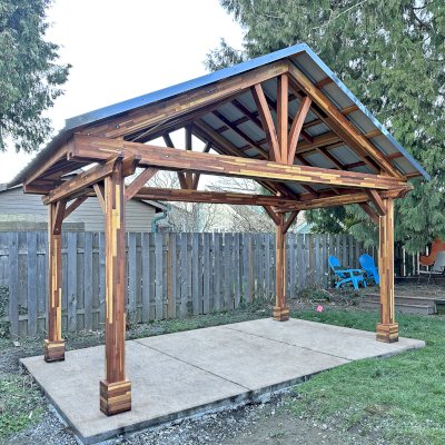 Breezy Pavilion (Options: 10' L x 16' W, Mosaic Redwood, 8.5' H Posts, Transparent Premium Sealant). Photo Courtesy of G. Sinclair of Portland, OR.