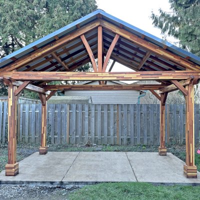 Breezy Pavilion (Options: 10' L x 16' W, Mosaic Redwood, 8.5' H Posts, Transparent Premium Sealant). Photo Courtesy of G. Sinclair of Portland, OR.