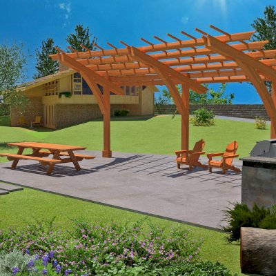 Cantilevered Pergola (Options: 6in x 6in Post Thickness, 16' Length x 18' Width, California Redwood, 9 ft Posts Height, 3-Post High-Wnd Anchor Kit Embedded in Concrete, Transparent Premium Sealant). Render Art.