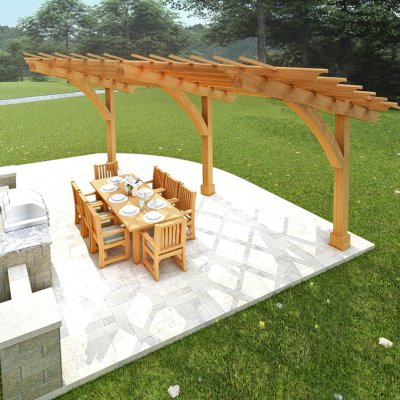 Cantilevered Pergola (Options: 6in x 6in Post Thickness, 16' Length x 18' Width, California Redwood, 9 ft Posts Height, 3-Post High-Wnd Anchor Kit Embedded in Concrete, Transparent Premium Sealant). Render Art.
