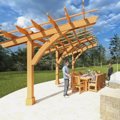 Cantilevered Pergola (Options: 6in x 6in Post Thickness, 16' Length x 18' Width, California Redwood, 9 ft Posts Height, 3-Post High-Wnd Anchor Kit Embedded in Concrete, Transparent Premium Sealant). Render Art.