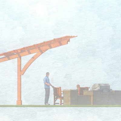 Cantilevered Pergola (Options: 6in x 6in Post Thickness, 16' Length x 18' Width, California Redwood, 9 ft Posts Height, 3-Post High-Wnd Anchor Kit Embedded in Concrete, Transparent Premium Sealant). Render Art.