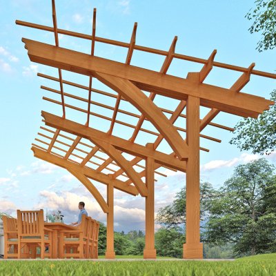 Cantilevered Pergola (Options: 6in x 6in Post Thickness, 16' Length x 18' Width, California Redwood, 9 ft Posts Height, 3-Post High-Wnd Anchor Kit Embedded in Concrete, Transparent Premium Sealant). Render Art.