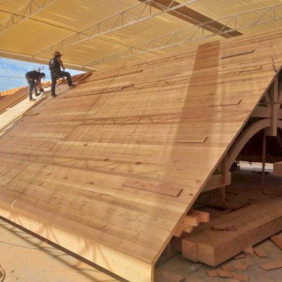 Cardinal's Nest Pavilion Under Construction (Options: 80' L x 34' W, California Redwood, Transparent Premium Sealant).