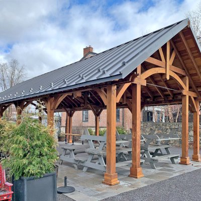 Cardinal's Nest Pavilion (Options: 50' L x 22' W, California Redwood, with 3 Ceiling Fan Bases, 10' Posts, 2 Electrical Wiring Trim Kits, Transparent Premium Sealant).
