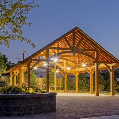 Cardinal's Nest Pavilions (Options: 40’ L x 26’ W, Douglas-fir, Post Anchor Kit for High-Wind, Electrical Wiring Trim Kit for 2 Posts, 1 Accessory Base, Transparent Premium Sealant), Photo Courtesy of D. Pratchard of Santa Clarita, CA.
