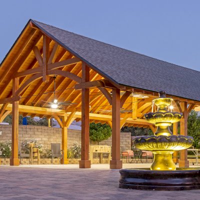 Cardinal's Nest Pavilions (Options: 40’ L x 26’ W, Douglas-fir, Post Anchor Kit for High-Wind, Electrical Wiring Trim Kit for 2 Posts, 1 Accessory Base, Transparent Premium Sealant), Photo Courtesy of D. Pratchard of Santa Clarita, CA.