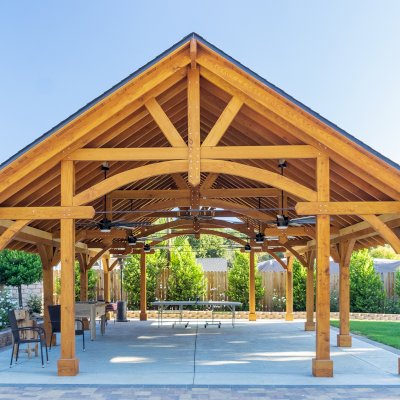 Cardinal's Nest Pavilions (Options: 40’ L x 26’ W, Douglas-fir, Post Anchor Kit for High-Wind, Electrical Wiring Trim Kit for 2 Posts, 1 Accessory Base, Transparent Premium Sealant), Photo Courtesy of D. Pratchard of Santa Clarita, CA.