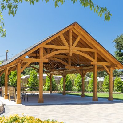 Cardinal's Nest Pavilions (Options: 40’ L x 26’ W, Douglas-fir, Post Anchor Kit for High-Wind, Electrical Wiring Trim Kit for 2 Posts, 1 Accessory Base, Transparent Premium Sealant), Photo Courtesy of D. Pratchard of Santa Clarita, CA.