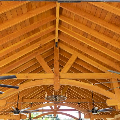 Cardinal's Nest Pavilions (Options: 40’ L x 26’ W, Douglas-fir, Post Anchor Kit for High-Wind, Electrical Wiring Trim Kit for 2 Posts, 1 Accessory Base, Transparent Premium Sealant), Photo Courtesy of D. Pratchard of Santa Clarita, CA.