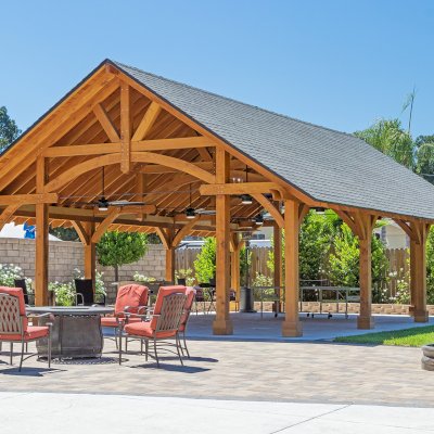 Cardinal's Nest Pavilions (Options: 40’ L x 26’ W, Douglas-fir, Post Anchor Kit for High-Wind, Electrical Wiring Trim Kit for 2 Posts, 1 Accessory Base, Transparent Premium Sealant), Photo Courtesy of D. Pratchard of Santa Clarita, CA.