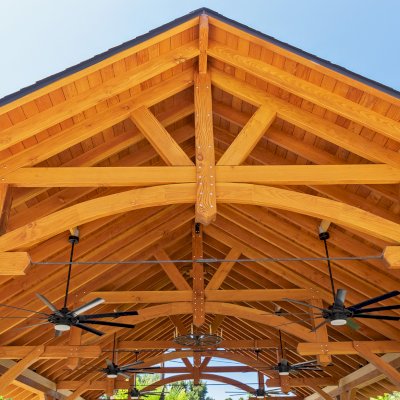 Cardinal's Nest Pavilions (Options: 40’ L x 26’ W, Douglas-fir, Post Anchor Kit for High-Wind, Electrical Wiring Trim Kit for 2 Posts, 1 Accessory Base, Transparent Premium Sealant), Photo Courtesy of D. Pratchard of Santa Clarita, CA.