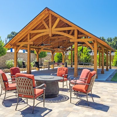 Cardinal's Nest Pavilions (Options: 40’ L x 26’ W, Douglas-fir, Post Anchor Kit for High-Wind, Electrical Wiring Trim Kit for 2 Posts, 1 Accessory Base, Transparent Premium Sealant), Photo Courtesy of D. Pratchard of Santa Clarita, CA.