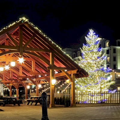 Cardinal's Nest Pavilion (Options: 80' L x 34' W, California Redwood, Transparent Premium Sealant). Pavilion Installed in Carmel, IN, for the Carmel Christkindlmarkt, Named Best Holiday Market in the Country in 2021.