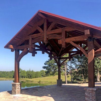 Custom Cardinal's Nest Pavilion (Options: 28' L x 26' W, Douglas-fir, No Ceiling Fan Bases, 4-Post Anchor Kit for High-Wind, Coffee-Stain Premium Sealant). Photo Courtesy of T. Wilsford of Montgomery, Alabama.