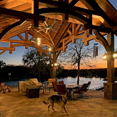 Custom Cardinal's Nest Pavilion (Options: 28' L x 26' W, Douglas-fir, No Ceiling Fan Bases, 4-Post Anchor Kit for High-Wind, Coffee-Stain Premium Sealant). Photo Courtesy of T. Wilsford of Montgomery, Alabama.