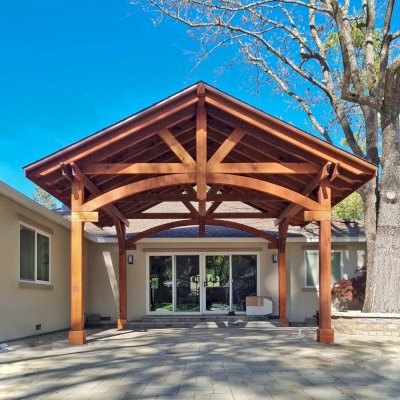Cardinal's Nest Pavilion (Options: 20' L x 20' W, California Redwood, 1 Ceiling Fan Base, 9.5' H Posts, 1 Fascia Board, Post Anchor Kit for High-Wind, Transparent Premium Sealant). Photo Courtesy of B. & A. De Young of Walnut Creek, CA.