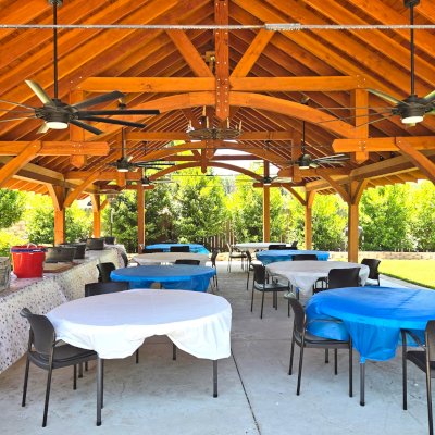 Cardinal's Nest Pavilions (Options: 40’ L x 26’ W, Douglas-fir, Post Anchor Kit for High-Wind, Electrical Wiring Trim Kit for 2 Posts, 1 Accessory Base, Transparent Premium Sealant). Photo Courtesy of D. Pratchard of Santa Clarita, CA.